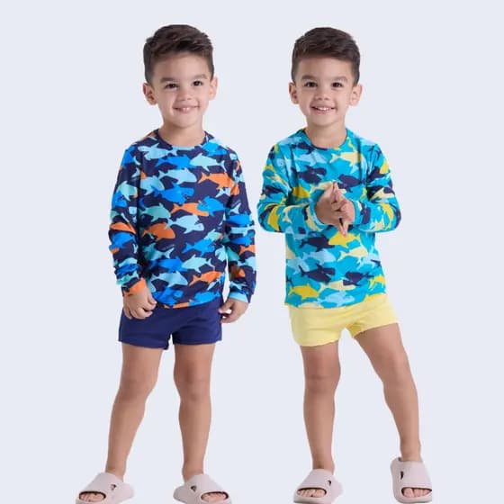 Conjunto Moda Praia UV50+ Infantil Masculino Shark
