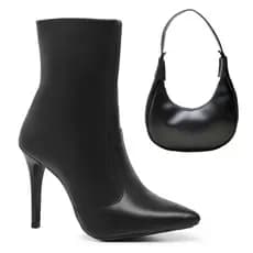 Kit Bota Feminina Bico Fino Salto Alto Agulha Macia De Couro Com Zíper Lateral + Bolsa Meia Lua Feminina