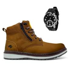 Bota Masculina Coturno Casual Macio De Couro Cano Médio + Relógio