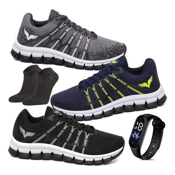 Kit 3 Tênis Academia Masculino Corrida Olympico Pro Original Esportivo + Relógio