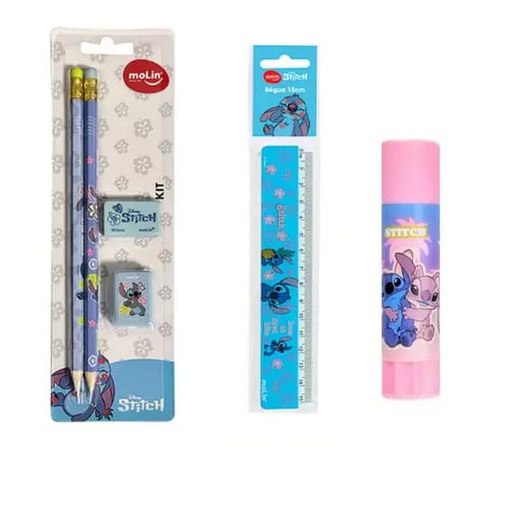 Kit Escolar Stitch Original Molin Lápis HB + Cola + Régua Volta às Aulas