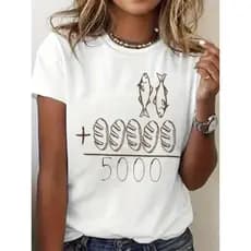 Camiseta Feminina de Gola Redonda Estampada com fé feminina, Moda T-shirt Feminina com Estampa de fé feminina, Camiseta