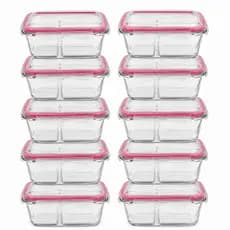 Kit 10 Potes Hermético Vidro Futuro 640ml Tampa Plástica Marmita Retangular Transparente C/ Divisória