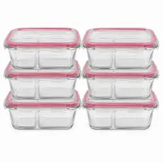 Kit 6 Potes Hermético Vidro Futuro 640ml Tampa Plástica Marmita Retangular Transparente C/ Divisoria