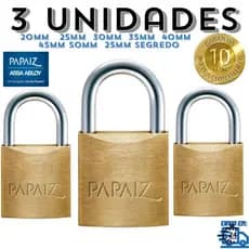 Kit 3 Cadeado Papaiz Original Latão Maciço 20 25 30 35 40 45 e 50mm