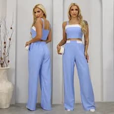 Conjunto Sensorial Estilo Social Calça Pantalona e Cropped Com Lastex Nas Costas