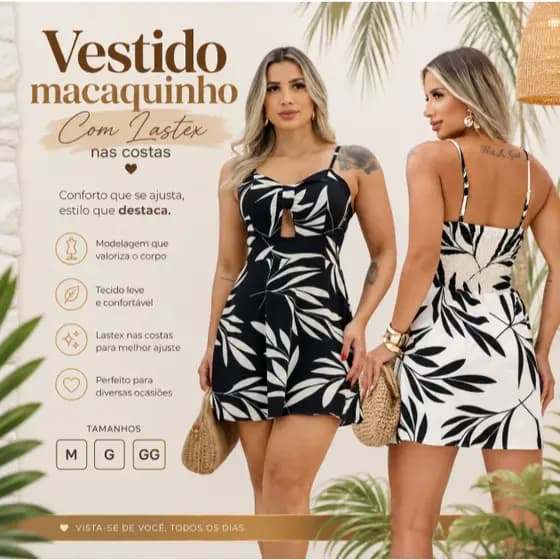 Vestido Macaquinho Com Laxtes Nas Costas e Alças Regulaveis Com Detalhe no Busto Estampado