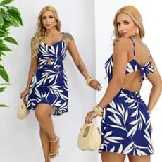 Vestido Macaquinho Com Laço Nas Costas e Alças Regulaveis Short Saia Elastico Na Cintura Estampado Floral Moda Verão