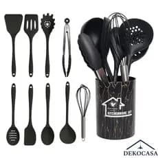 Kit 18 Utensílios Cozinha Silicone Preto Cabo Silicone Antiaderente Luxo Sofisticado Completo