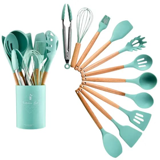 Kit Utensílios de Cozinha 12 Peças Tiffany Silicone Resistente com Cabo Madeira
