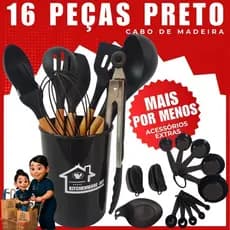 Kit 15 Utensílios De Cozinha Silicone Preto Cabo Madeira Antiaderente Luxo Completo Resistente Moderno