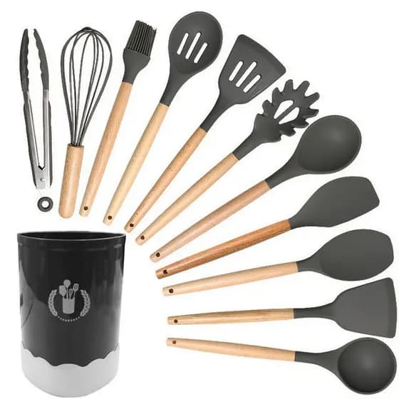 Kit Luxo C/12 Utensílios De Cozinha Silicone Cabo Madeira