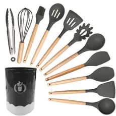 Kit Luxo C/12 Utensílios De Cozinha Silicone Cabo Madeira