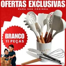 Conjunto Utensilios de cozinha de silicone cabo de aço inoxidável ou madeira