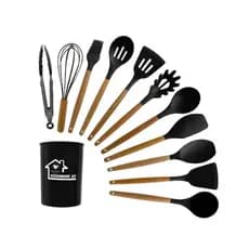 Kit C/12 Utensílios De Cozinha Silicone Cabo Madeira