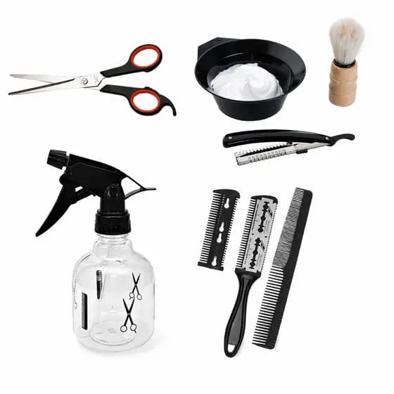Kit Barbeiro Cabelereiro Borrifador Pentes Tesoura Pincel Navalhete