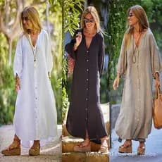 Vestido Feminino Camisa de Algodão e Linho Vestido Longo Moda Casual Vestido Cardigan de Manga Longa