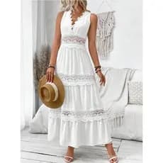 Vestido Longo Branco Sem Mangas com Decote em V e Renda Patchwork para Mulheres