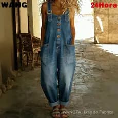 Macacão de Denim Vintage Feminino, Solto, com Fivela Ajustável e Efeito Desgastado