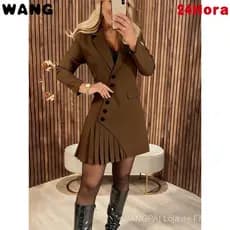 Vestido Blazer Plissado de Manga Longa em Cor Sólida com Gola Reversível para Mulheres