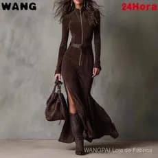 Vestido Longo Elegante de Cor Sólida com Zíper e Gola Alta para Mulheres