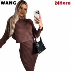 Conjunto de Duas Peças: Top de Manga Longa Canelado de Cor Sólida Feminina + Vestido Camisole Ajustado
