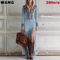 Vestido Longo Feminino Vintage Estilo Étnico com Franjas e Zíper Floral
