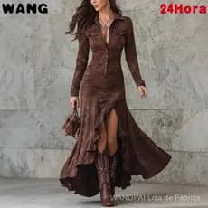 Vestido Longo Assimétrico Feminino com Estampa, Detalhe de Babados, Gola com Zíper e Fenda, Corte Justo