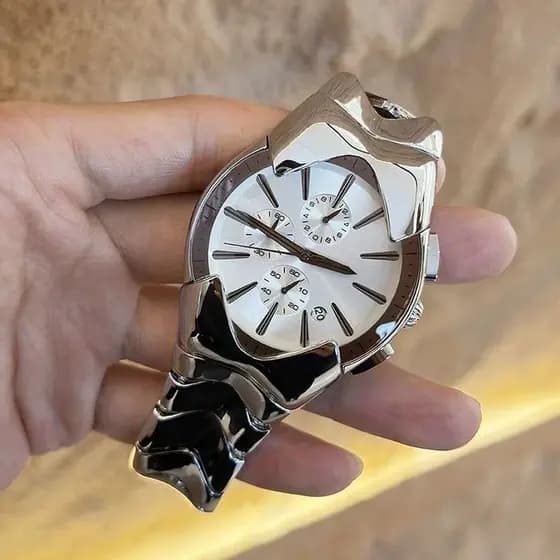 Relógio em formato especial estilo Millennium, formato legal exclusivo, mostrador grande, pulseira de aço, calendário, r