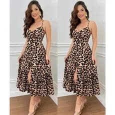 vestido feminino mídi poa  longo crepinho com bojo e botões