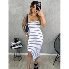 Vestido Midi Longo Tomara que Caia Listrado Tecido Anarruga Sem Bojo sheik