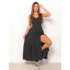 Vestido Feminino Longo Soltinho Viscose Poa Bolinha Alcinha Sheik