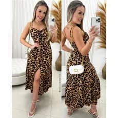 Vestido Longo Poá Feminino Alcinha com Fenda e Botões Babado