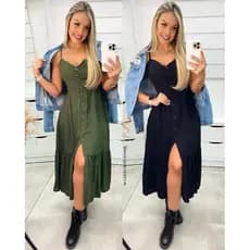 Vestido Longo Feminino Com Botão E Babado Com Bojo Alcinha Ajustável Feminino Sheik
