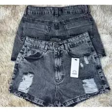 Short jeans feminino Preto Marmorizado Rasgado Cintura alta  100% Algodão