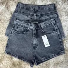 Short jeans feminino Preto Marmorizado 100% Algodão Cintura alta