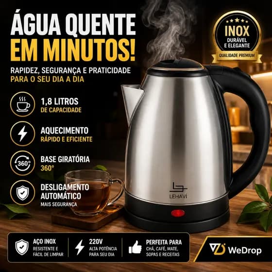 ☕ Chaleira Elétrica Inox 1,8 Litros 220V Aquecimento Rápido Base Giratória Automática