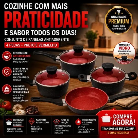 🔥 Jogo de Panelas Antiaderente 4 Peças Tampa Vidro 4 Pçs Luxo  Vermelho  Promoção