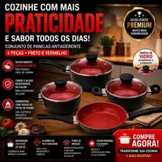 🔥 Jogo de Panelas Antiaderente 4 Peças Tampa Vidro 4 Pçs Luxo  Vermelho  Promoção
