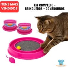 Kit Brinquedos para Gatos Arranhador Redondo Interativo Comedouro e Bebedouro Ergonômico Rato Divertido