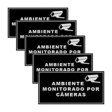 Kit 5 Placas Ambiente Monitorado Por Câmeras 20x10 cm p/Residência Industria Comércio  Monitoramento