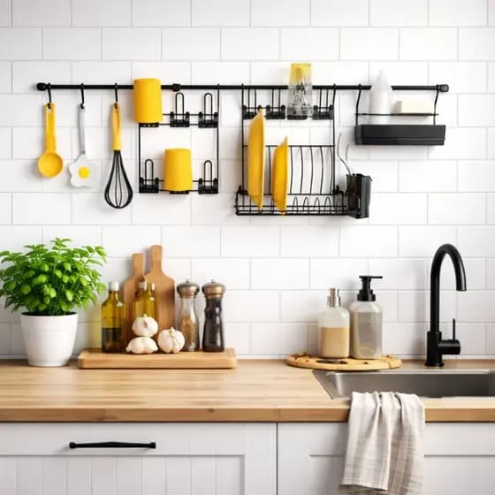 Kit Cozinha Suspensa Escorredor Louça de Parede Kit 6 Porta Copos Ganchos e Porta Detergente