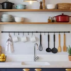 Kit Barra de Cozinha Suspensa 120cm com 12 Ganchos – Suporte de Parede para Utensílios