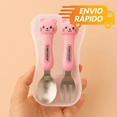 Kit Colher Garfo Inox com Estojo para Bebê Papinha Infantil Divertida Alta Qualidade com Bichinhos