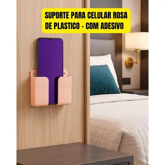 Suporte de Parede Rosa Multiuso Adesivo Celular e Controle Remoto Plástico Resistente