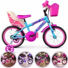 Bicicleta Bike Infantil Aro 16 Colorido C/ Rodinhas de Treinamento Cadeirinha de Boneca e Cestinha
