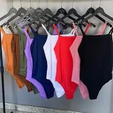 Body Feminino Canelado Alcinha Fina Forrado Tecido Premium Moda Basica
