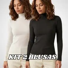 Kit 2 Blusas Cacharrel Feminina Manga Longa com Gola Alta Canelada Confortável Para o Inverno
