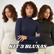 Kit 3 Blusas Cacharrel Feminina Manga Longa com Gola Alta Canelada Confortável Para o Inverno