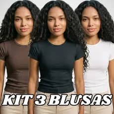 Kit 3 Blusas Feminina Canelada Manga Curta Básica Casual Ajustada ao Corpo Confortável